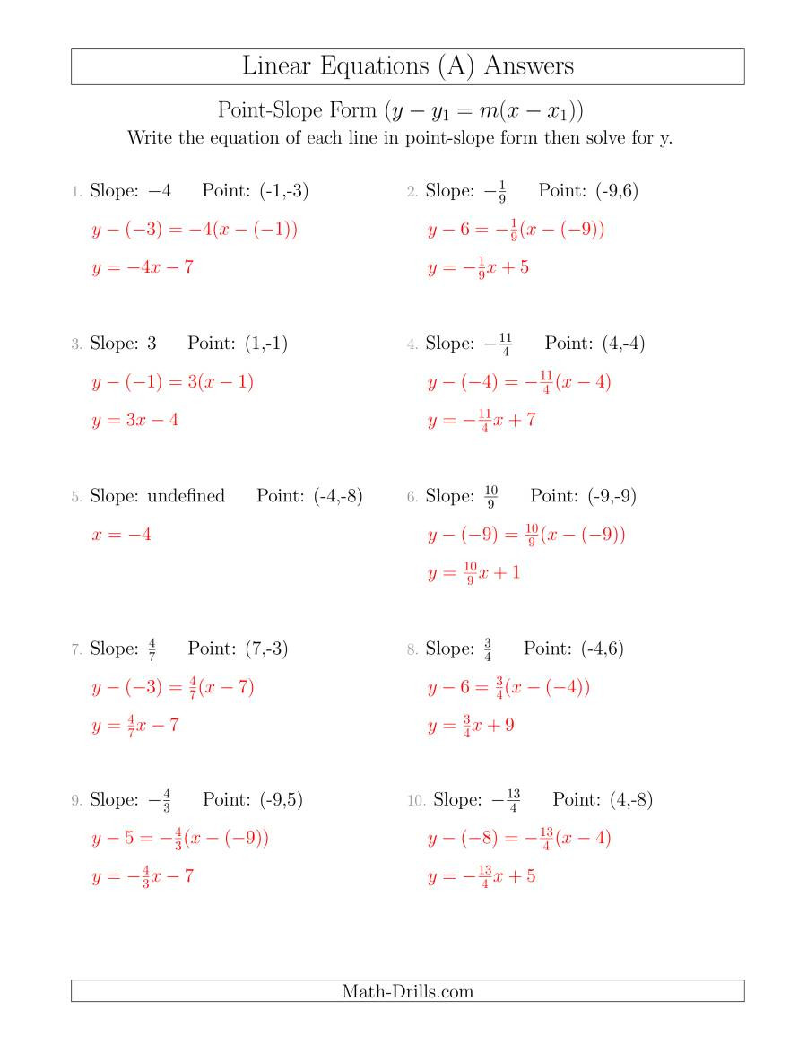 Writing Linear Equations Worksheet Writing A Linear Equation From the Slope and A Point A