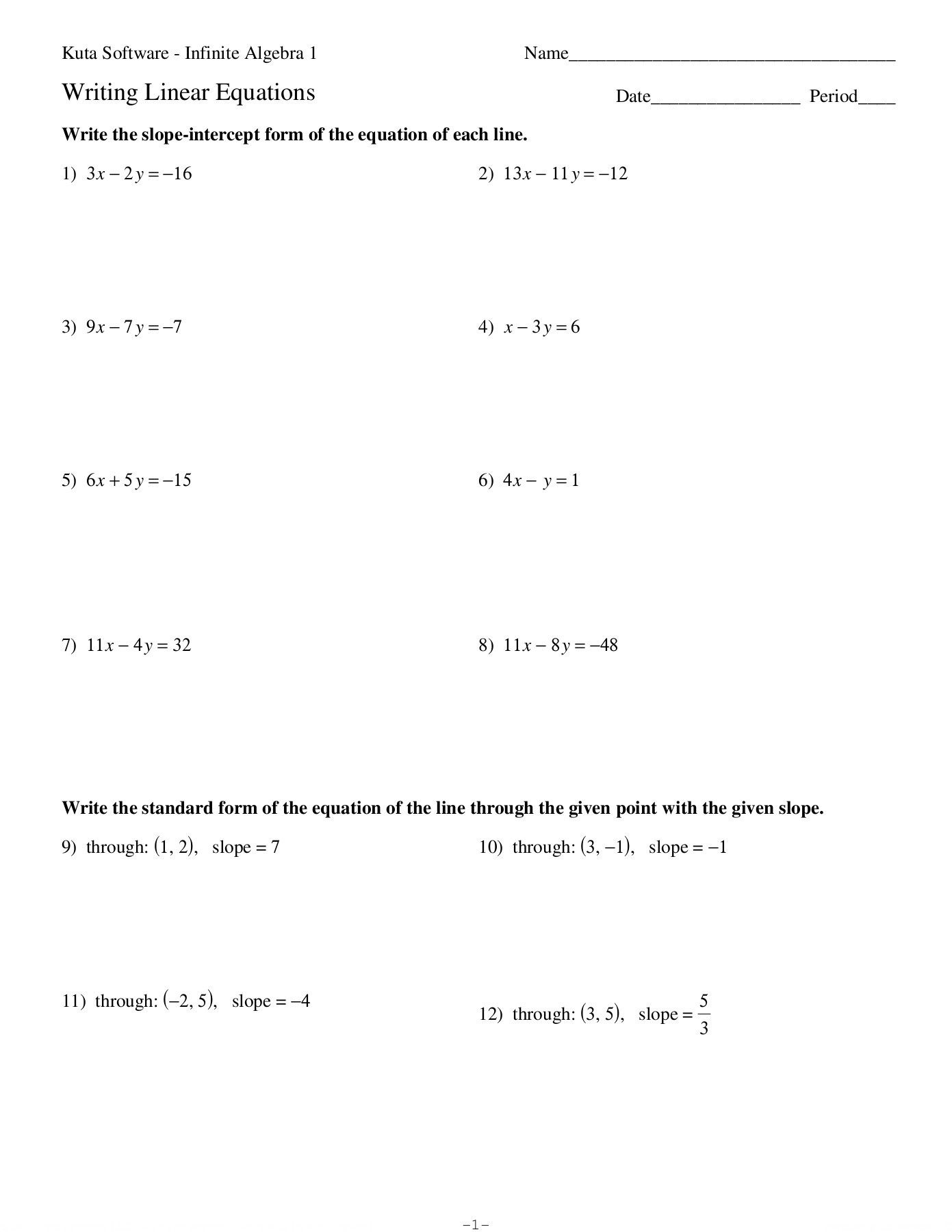 Writing Linear Equations Worksheet Writing Linear Equations Kuta software Llc Pages 1 4