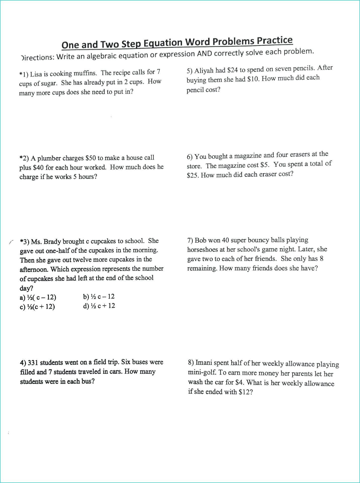 Writing Two Step Equations Worksheet Adding and Subtracting Integers Word Problems Worksheet