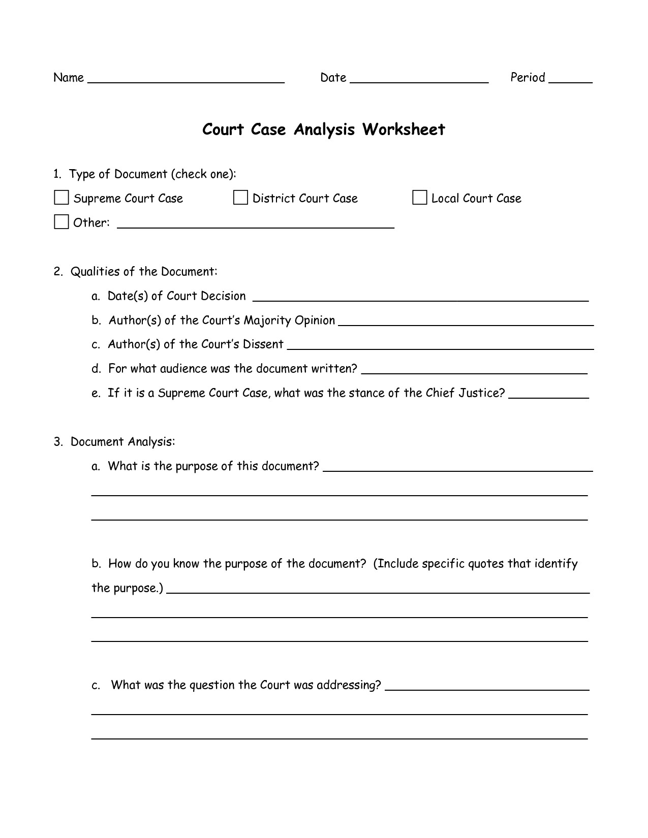 Written Document Analysis Worksheet Answers Supreme Court Cases Matching Worksheet