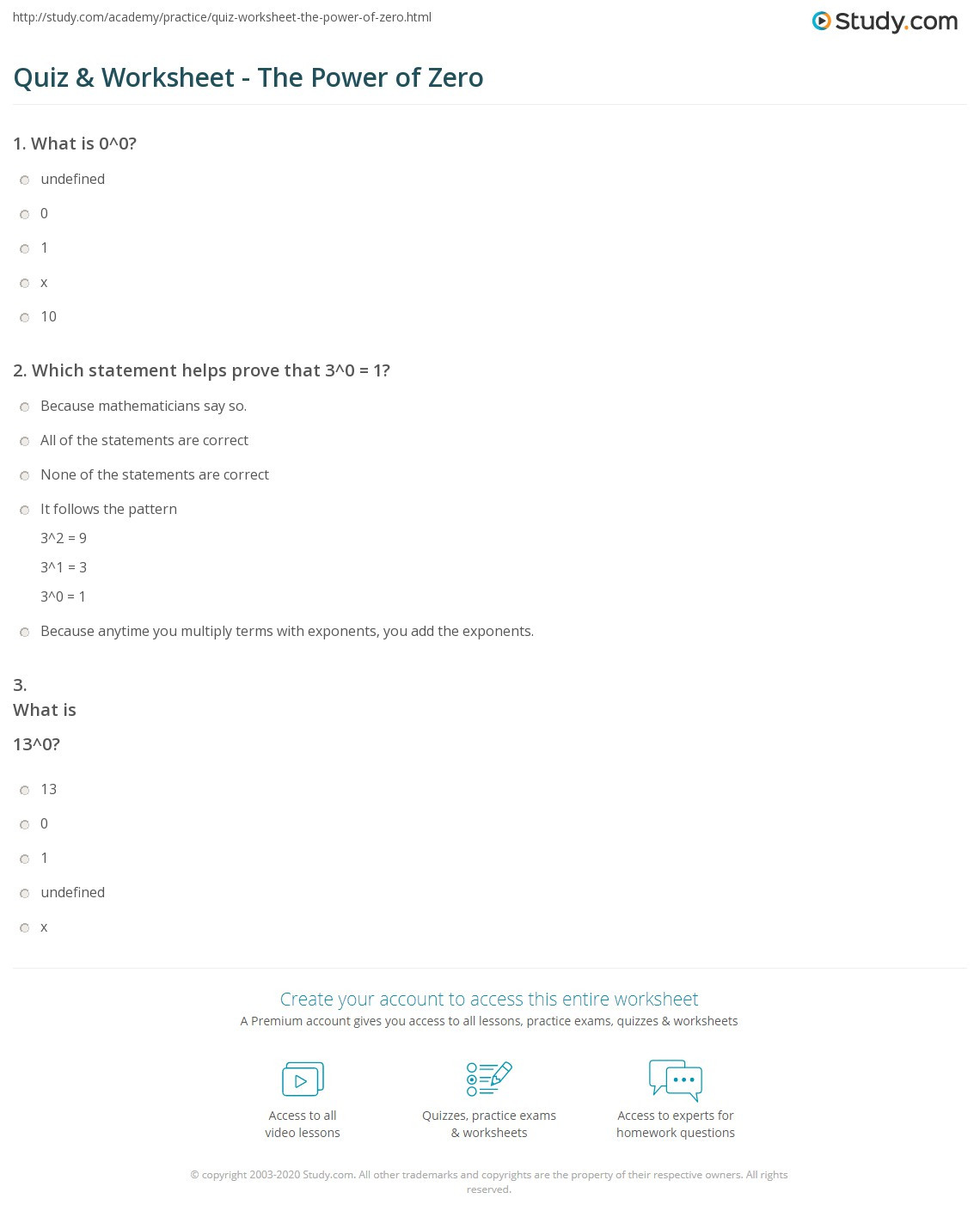 Zero and Negative Exponents Worksheet Quiz &amp; Worksheet the Power Of Zero