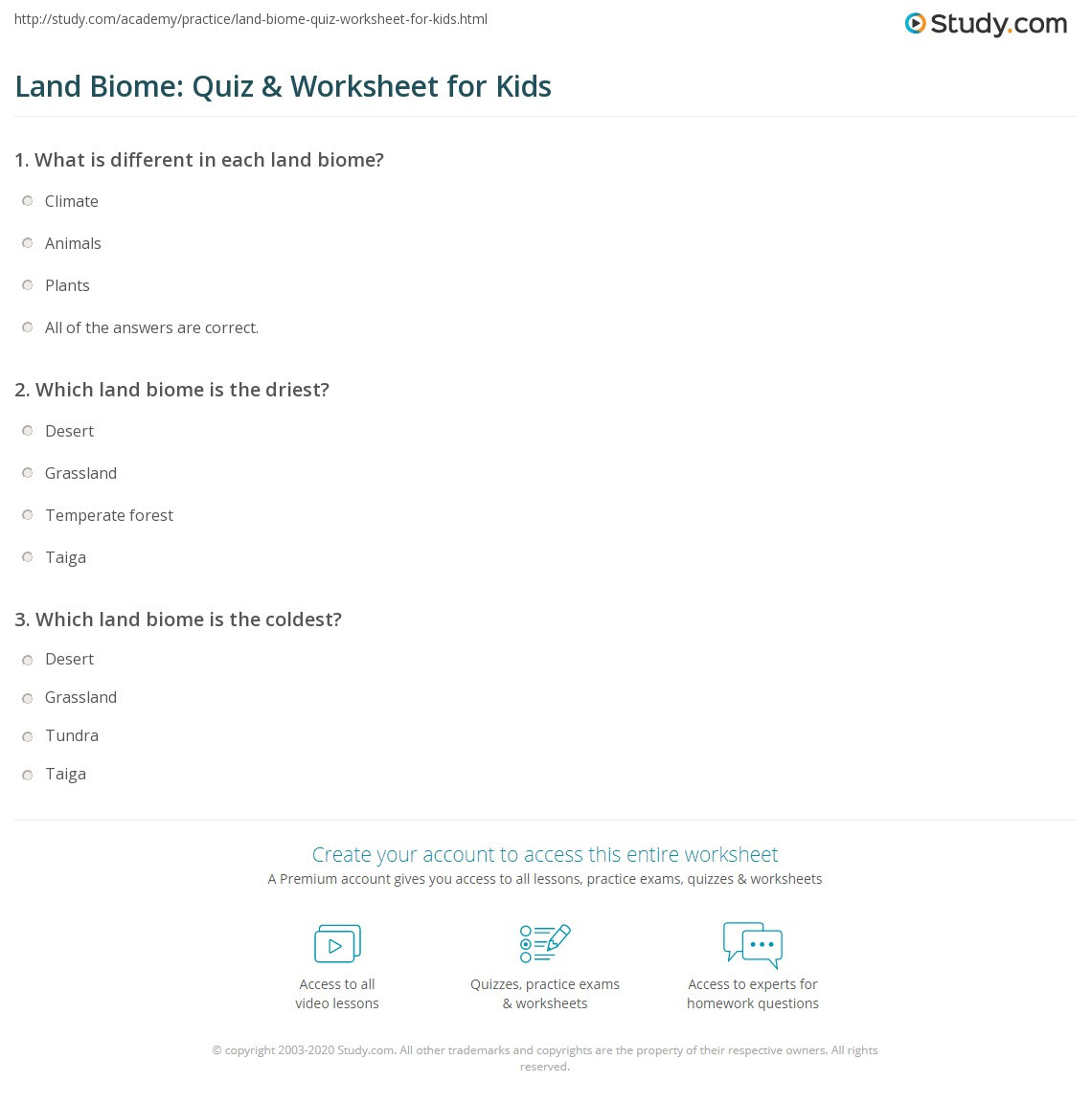 4 4 Biomes Worksheet Answers Land Biome Quiz &amp; Worksheet for Kids