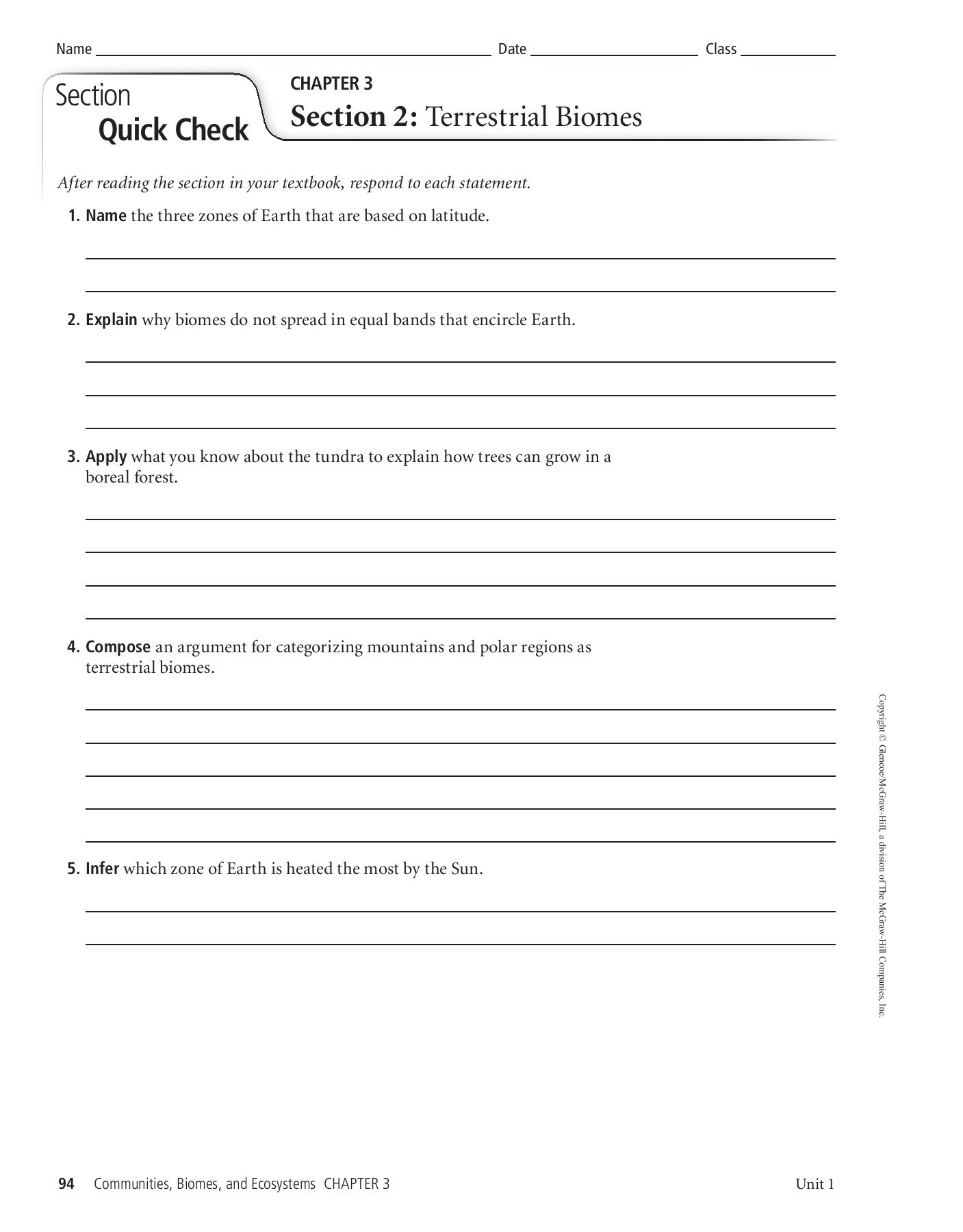 4 4 Biomes Worksheet Answers Section Chapter 3 Quick Check Section 1 Munity Ecology