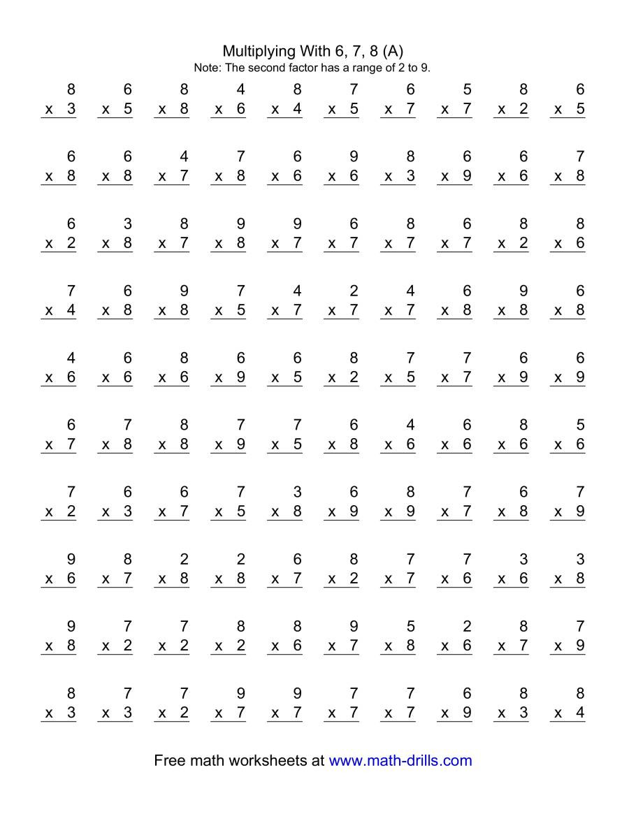 6 Times Table Worksheet 100 Vertical Questions Multiplication Facts 6 8 by 2 9 A