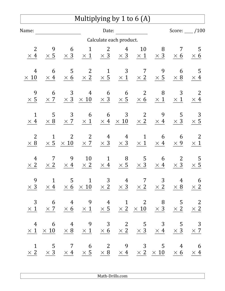 6 Times Table Worksheet Multiplying by 1 to 6 with Factors 1 to 10 100 Questions A