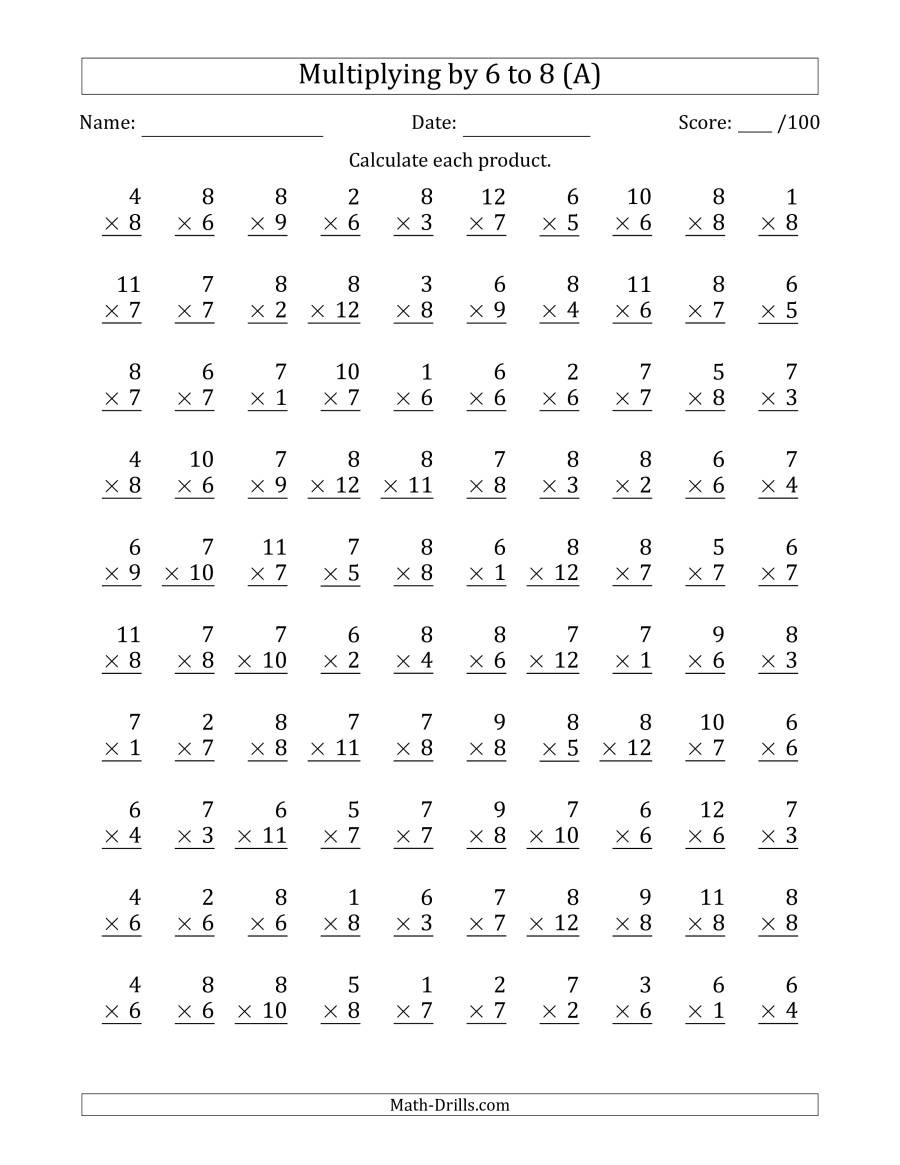 6 Times Table Worksheet Multiplying by 6 to 8 with Factors 1 to 12 100 Questions A