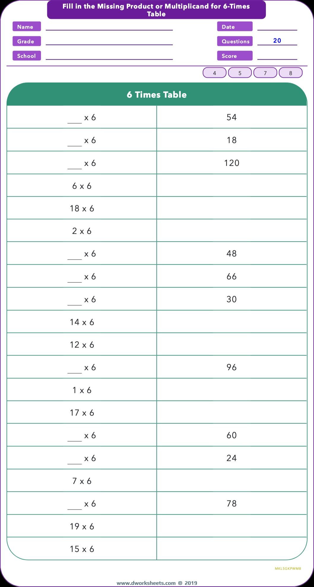 6 Times Table Worksheet Practice 6 Times Table by Filling Missing Product or