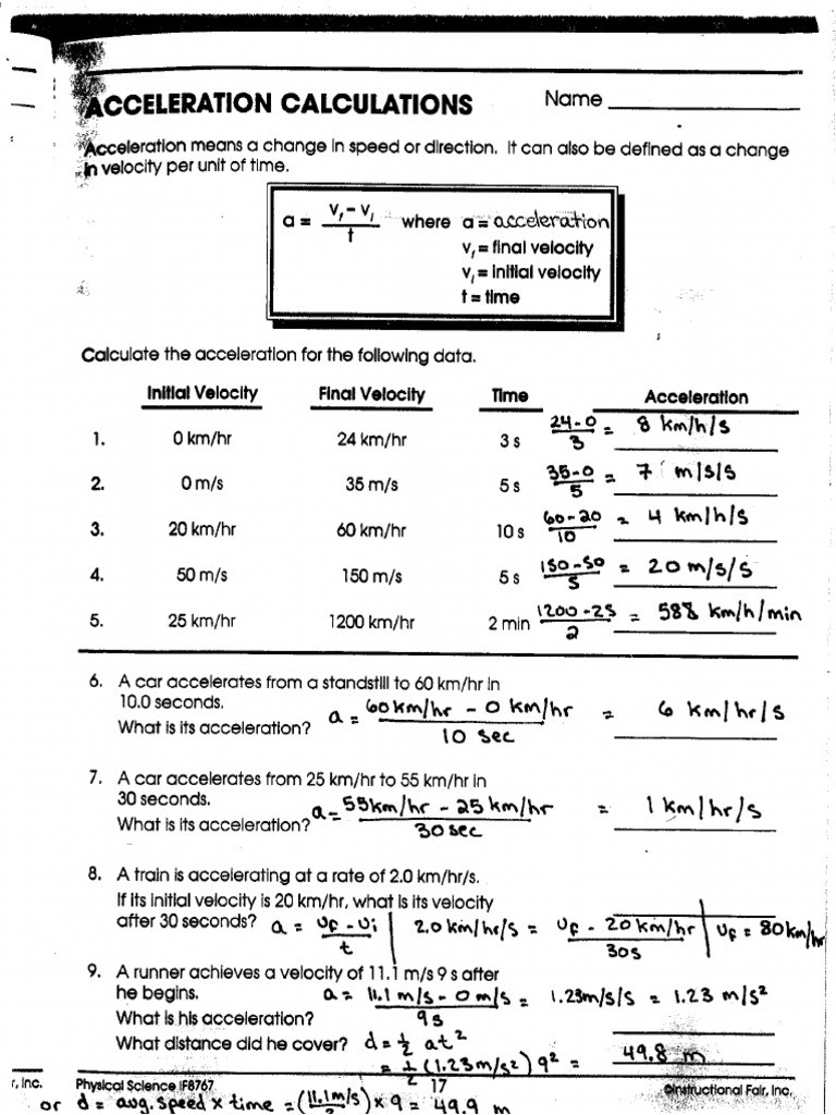Acceleration Worksheet with Answers Acceleration Calculations Answer Key