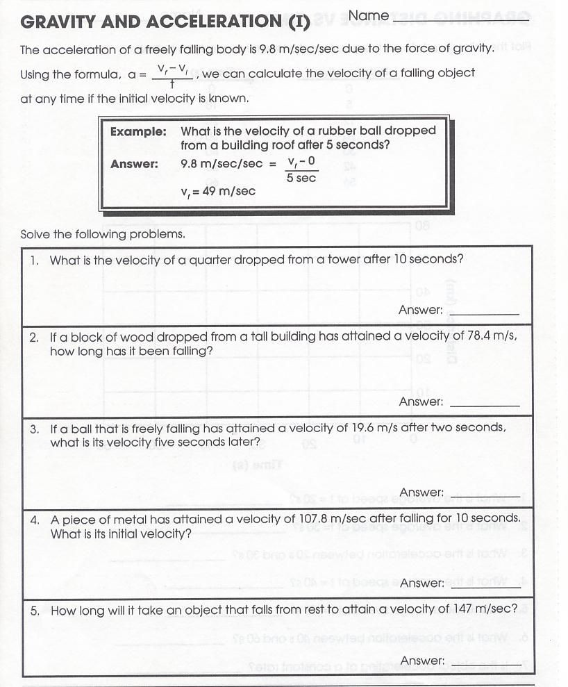 Acceleration Worksheet with Answers Acceleration Worksheet Answers
