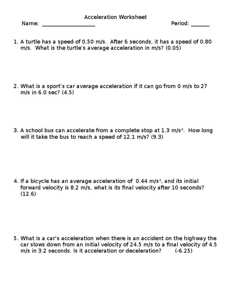 Acceleration Worksheet with Answers Acceleration Worksheet Momentum