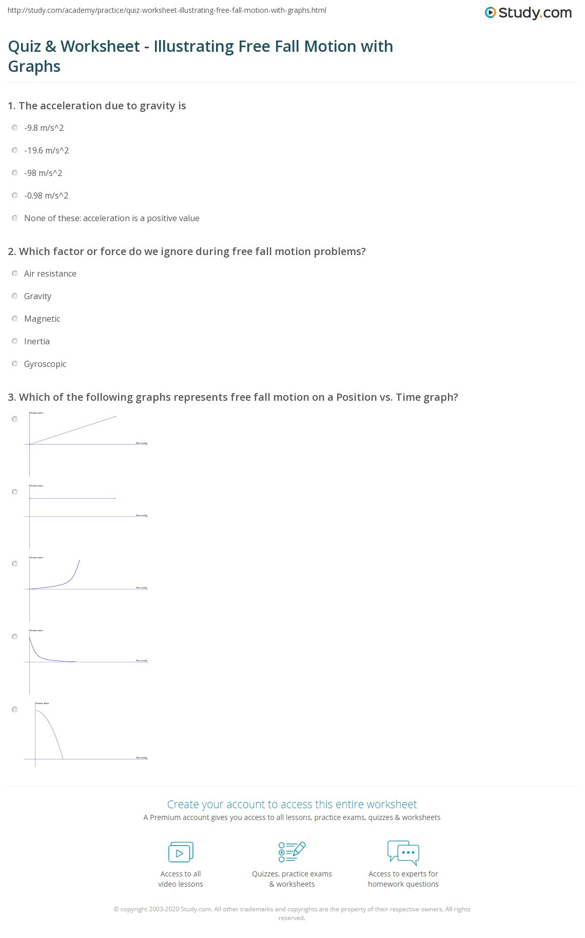 Acceleration Worksheet with Answers Quiz &amp; Worksheet Illustrating Free Fall Motion with Graphs