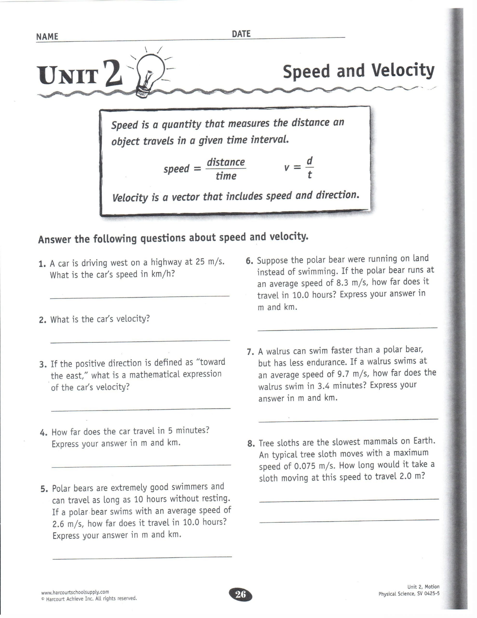 Acceleration Worksheet with Answers Speed Velocity and Acceleration Worksheet Answers