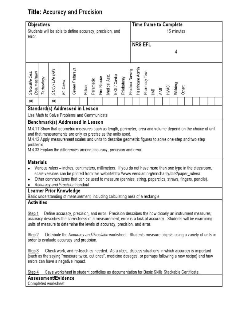 Accuracy and Precision Worksheet Accuracy and Precision