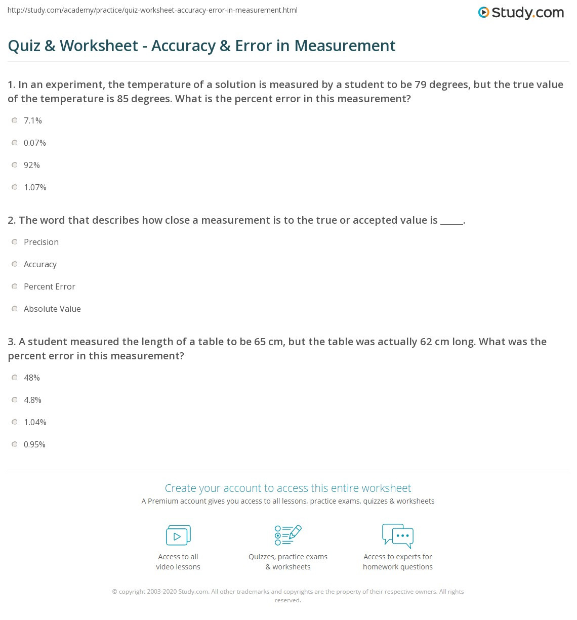 quiz worksheet accuracy error in measurement study