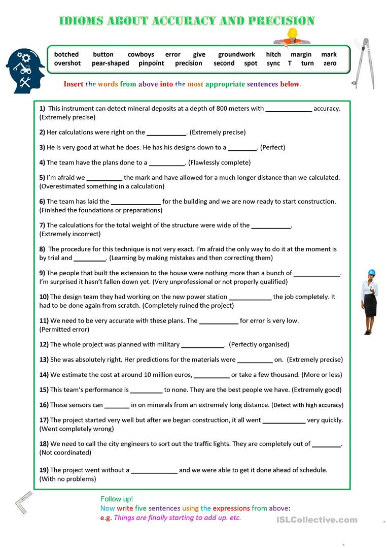 Accuracy and Precision Worksheet Idioms About Accuracy and Precision English Esl Worksheets