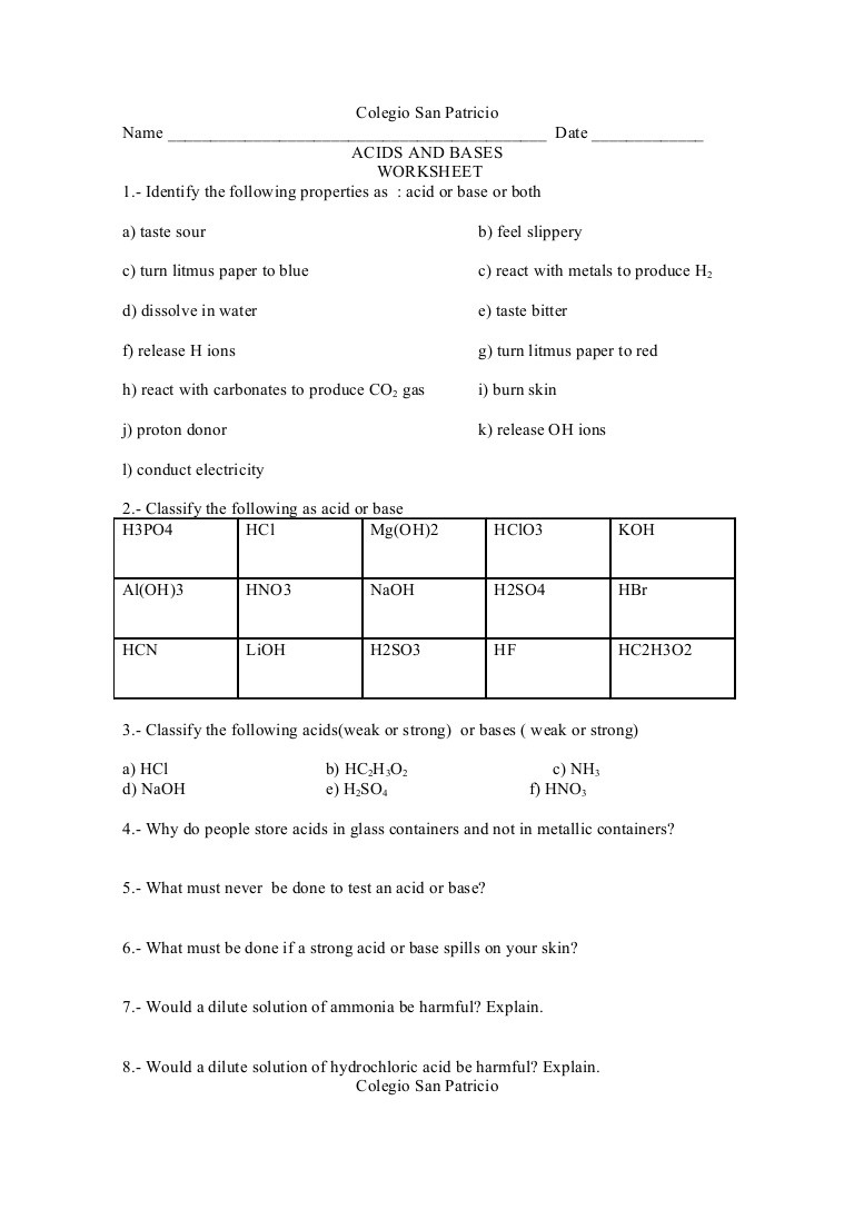 Acid and Bases Worksheet Answers Quiz Acids and Bases 5