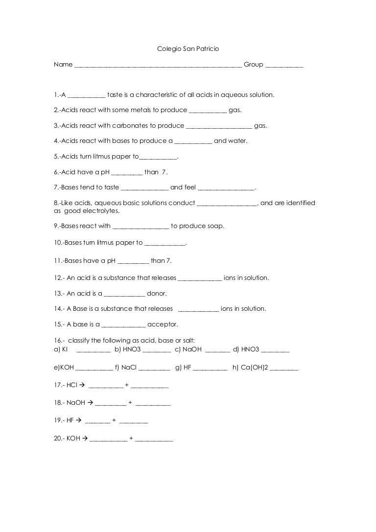 Acid and Bases Worksheet Answers Worksheet Acids and Bases