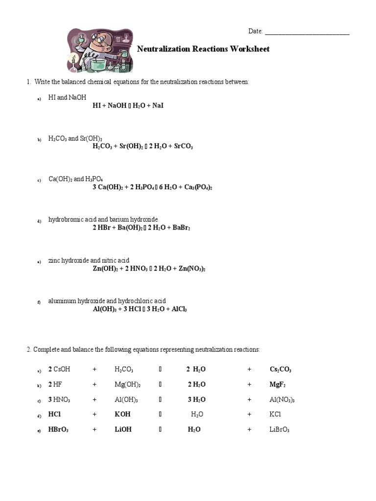 Acid Base Reaction Worksheet 03 Neutralization Reactions Worksheet Key Hydroxide