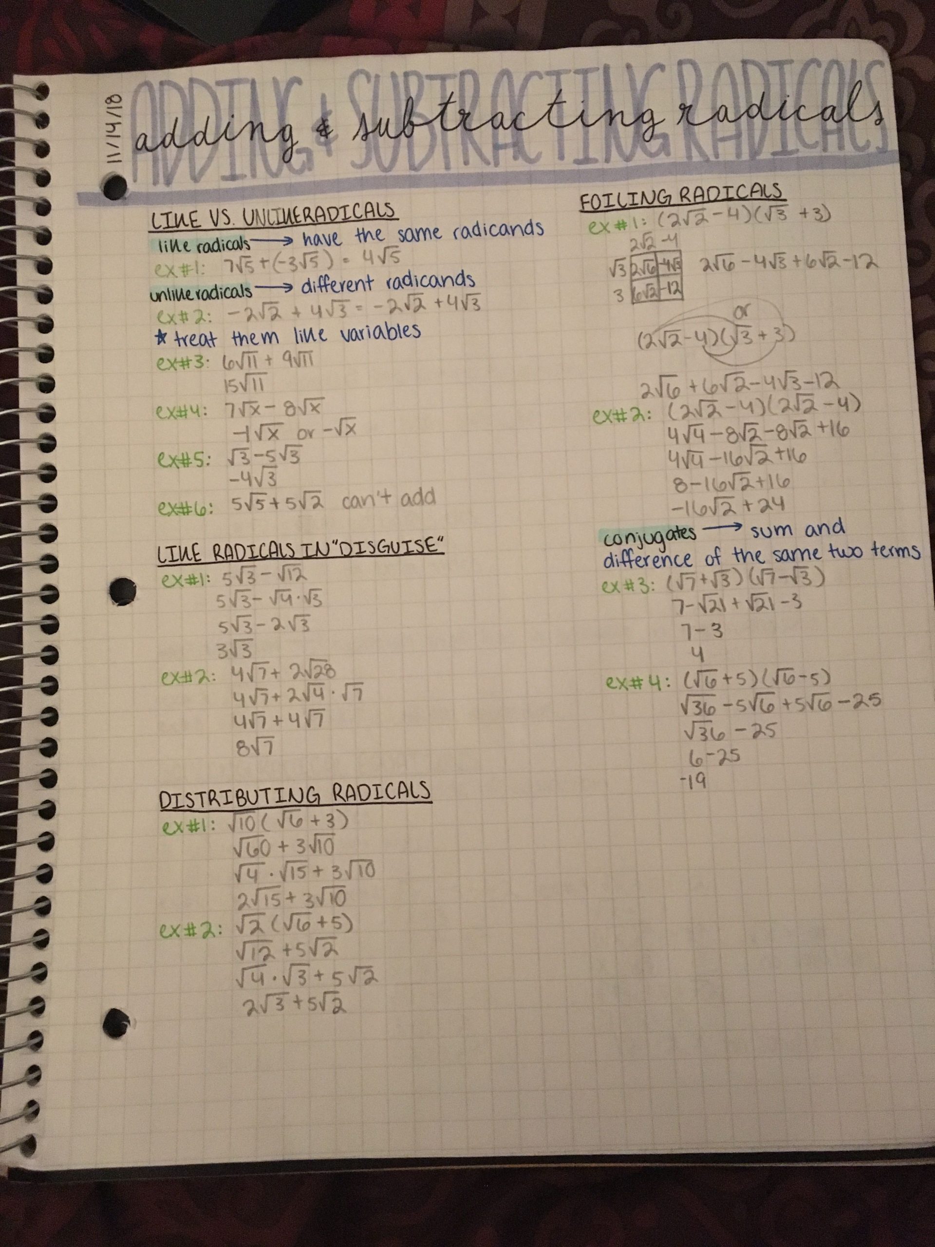 Adding and Subtracting Radicals Worksheet Algebra Adding and Subtracting Radicals Notes