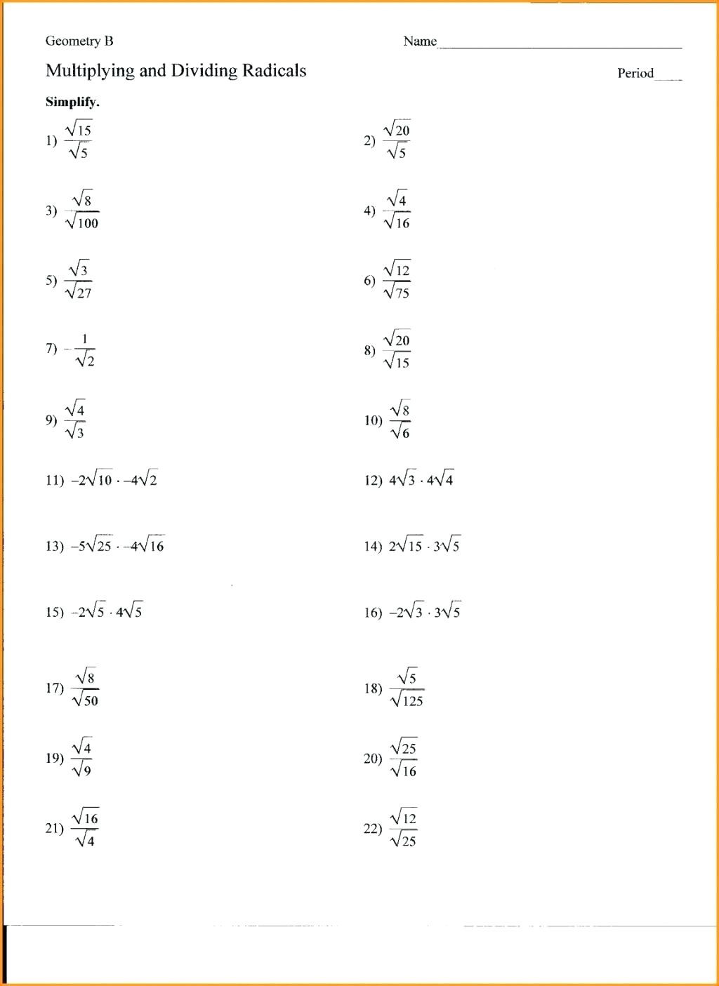 Adding and Subtracting Radicals Worksheet Dividing Radicals Worksheet