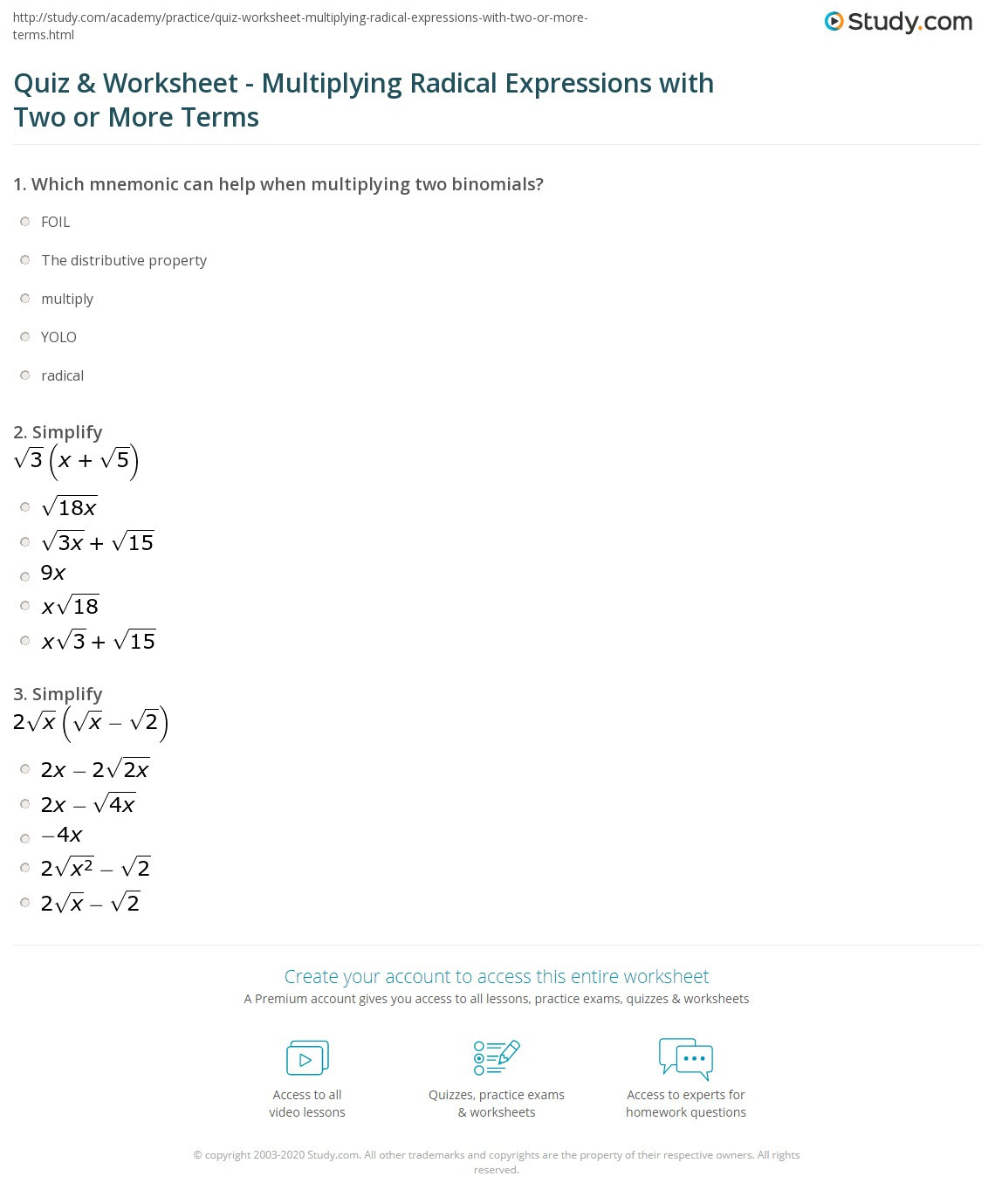 Adding and Subtracting Radicals Worksheet Quiz &amp; Worksheet Multiplying Radical Expressions with Two