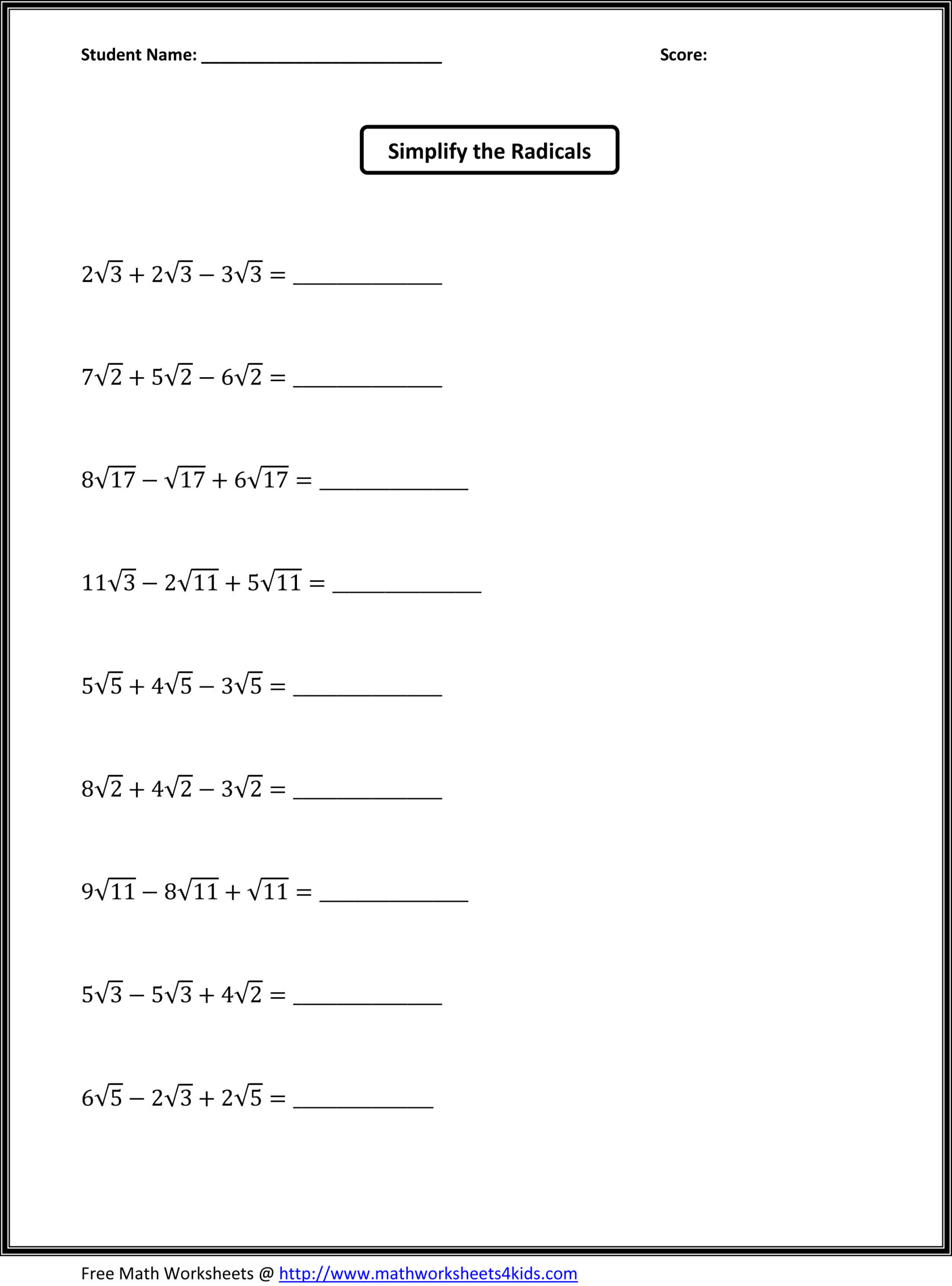 Adding and Subtracting Radicals Worksheet Worksheets for Grade Printable and Activities Getting Ready