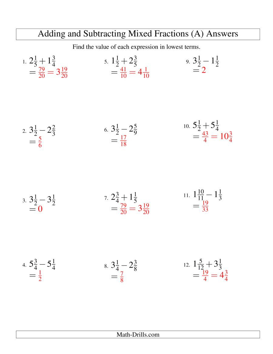 Adding Mixed Numbers Worksheet Adding and Subtracting Mixed Fractions A