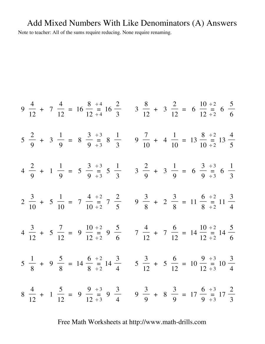 Adding Mixed Numbers Worksheet Adding Mixed Fractions Like Denominators Reducing No