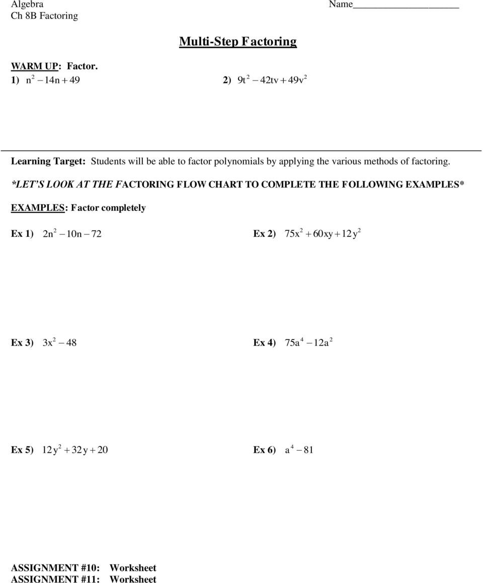 Algebra 2 Factoring Worksheet Factoring Algebra Chapter 8b assignment Sheet Pdf Free