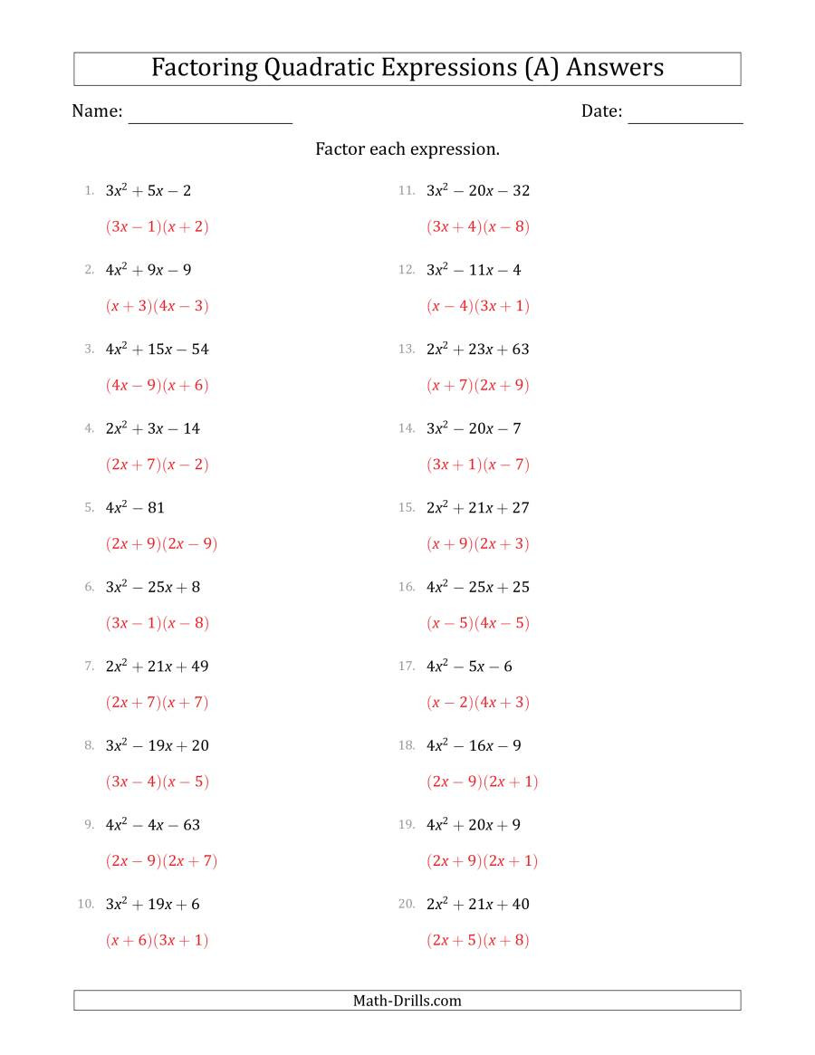 Algebra 2 Factoring Worksheet Factoring Quadratic Expressions with Positive A