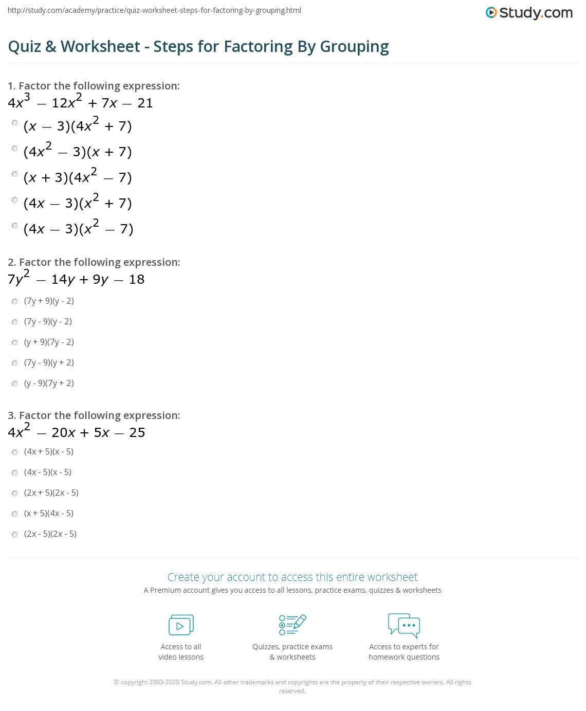 Algebra 2 Factoring Worksheet Quiz &amp; Worksheet Steps for Factoring by Grouping