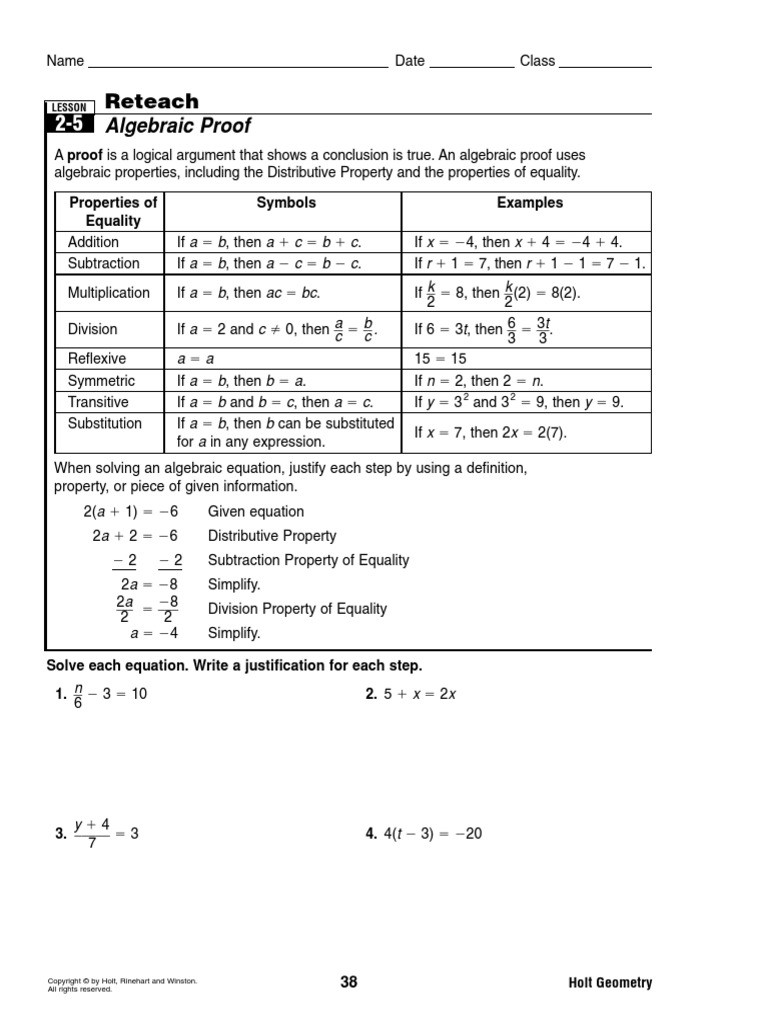 Algebraic Proofs Worksheet with Answers 2 5 Reteach Mathematical Proof