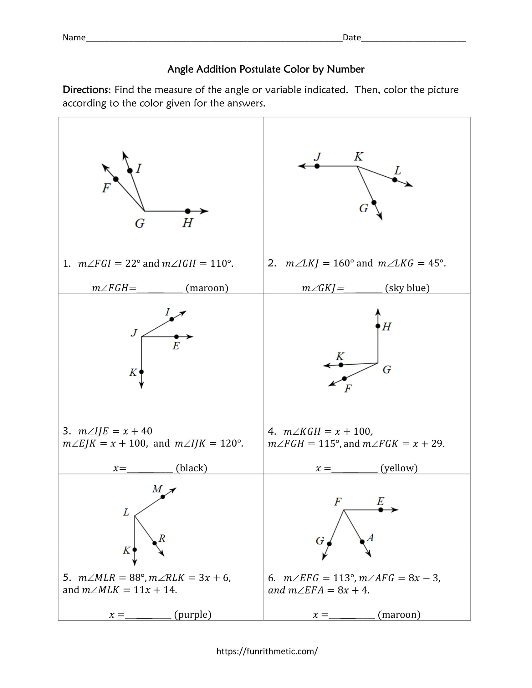 Angle Addition Postulate Worksheet Geometry Skills Color by Number Bundle 2 10 More Skills