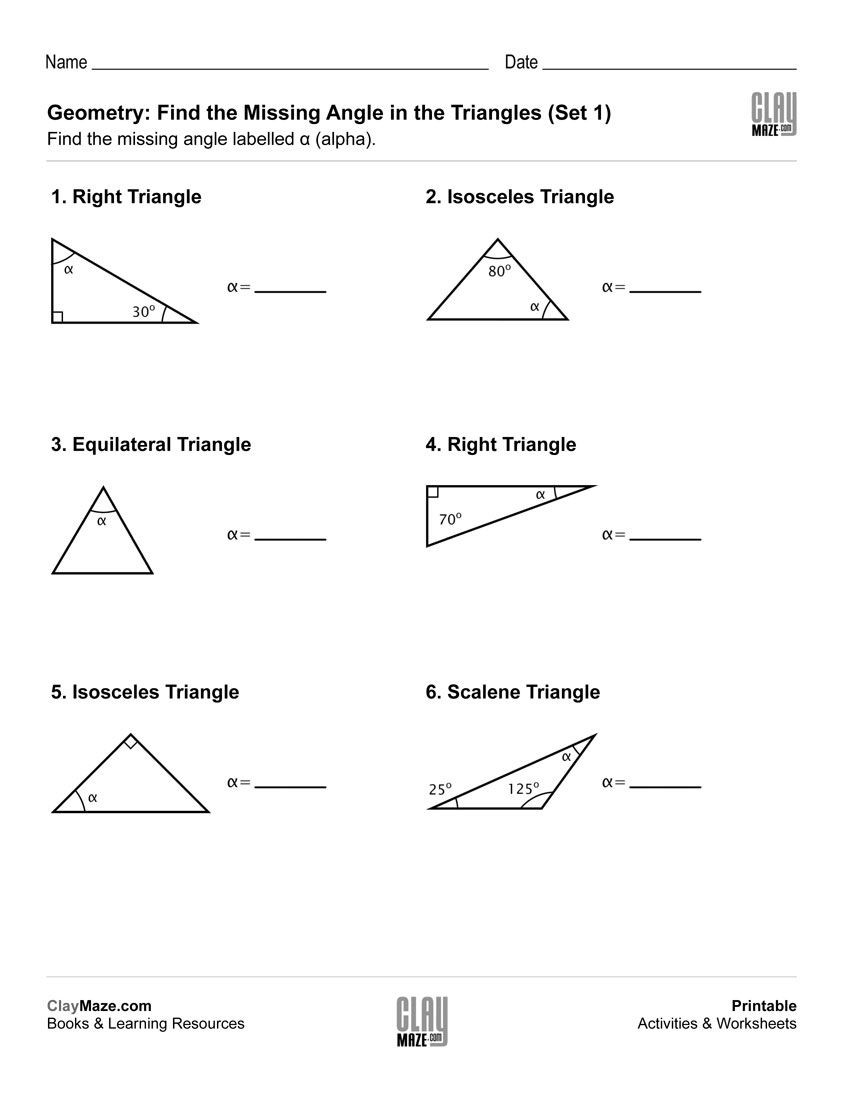 Angles In A Triangle Worksheet Geometry Find the Missing Angle In the Triangle Set 1
