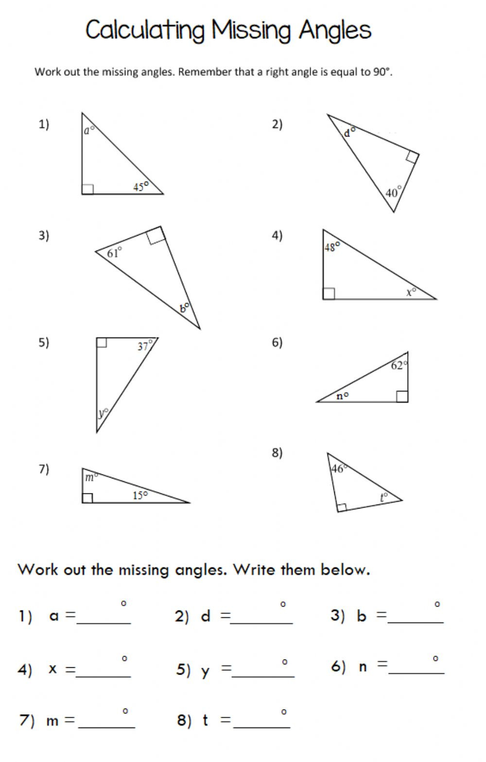Angles In A Triangle Worksheet Missing Angle In Triangle Interactive Worksheet