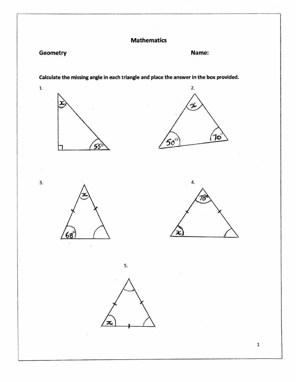 Angles In A Triangle Worksheet Missing Angles In A Triangle Interactive Worksheet
