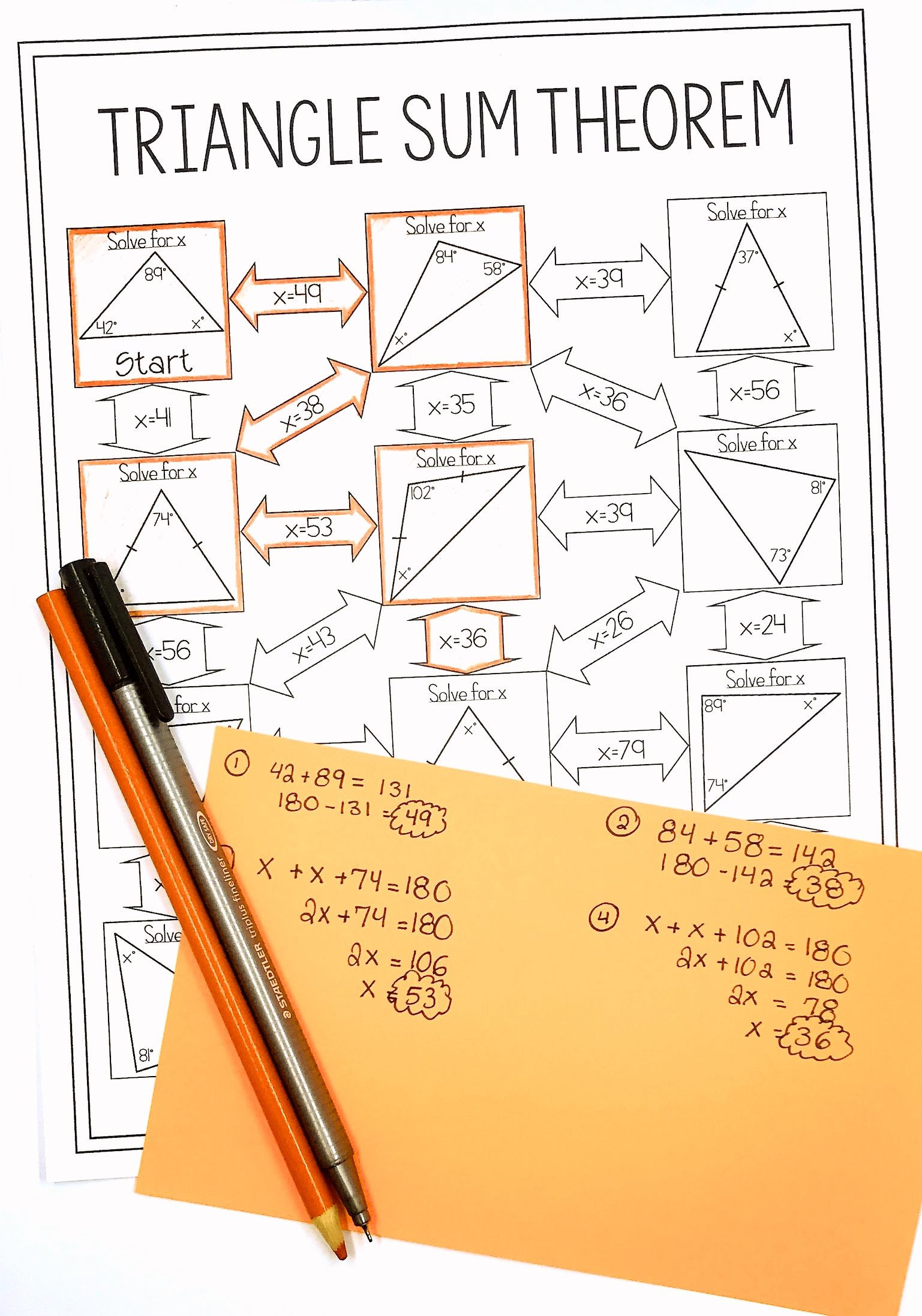 Angles In A Triangle Worksheet Triangle Sum theorem Maze