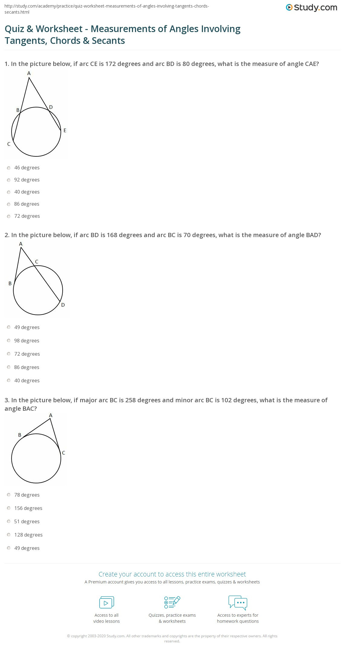 Angles In Circles Worksheet Quiz &amp; Worksheet Measurements Of Angles Involving Tangents