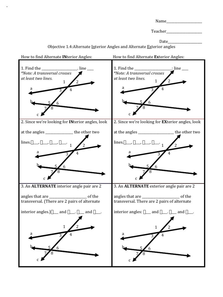 Angles In Transversal Worksheet Answers 1 4 Identifying Alternate Interior and Exterior Angles