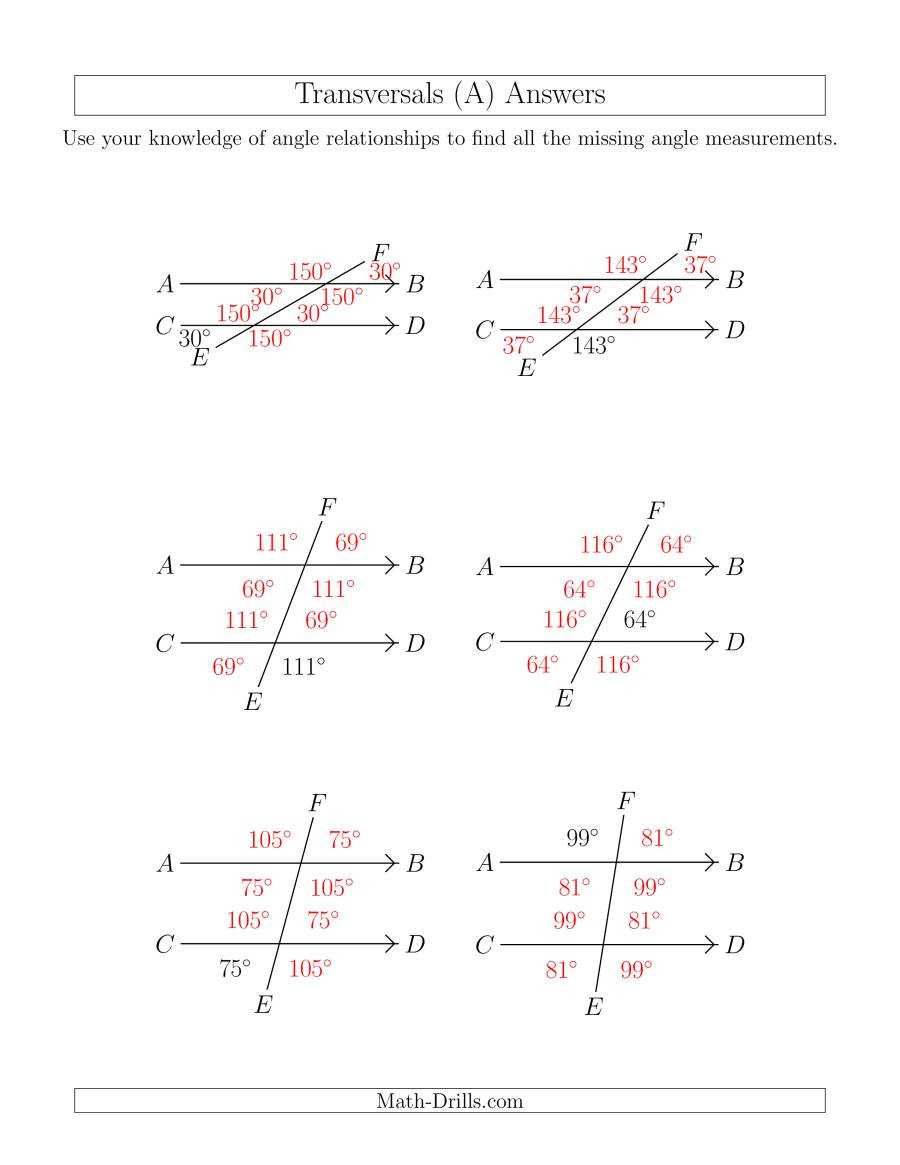 Angles In Transversal Worksheet Answers Angle Relationships In Transversals A