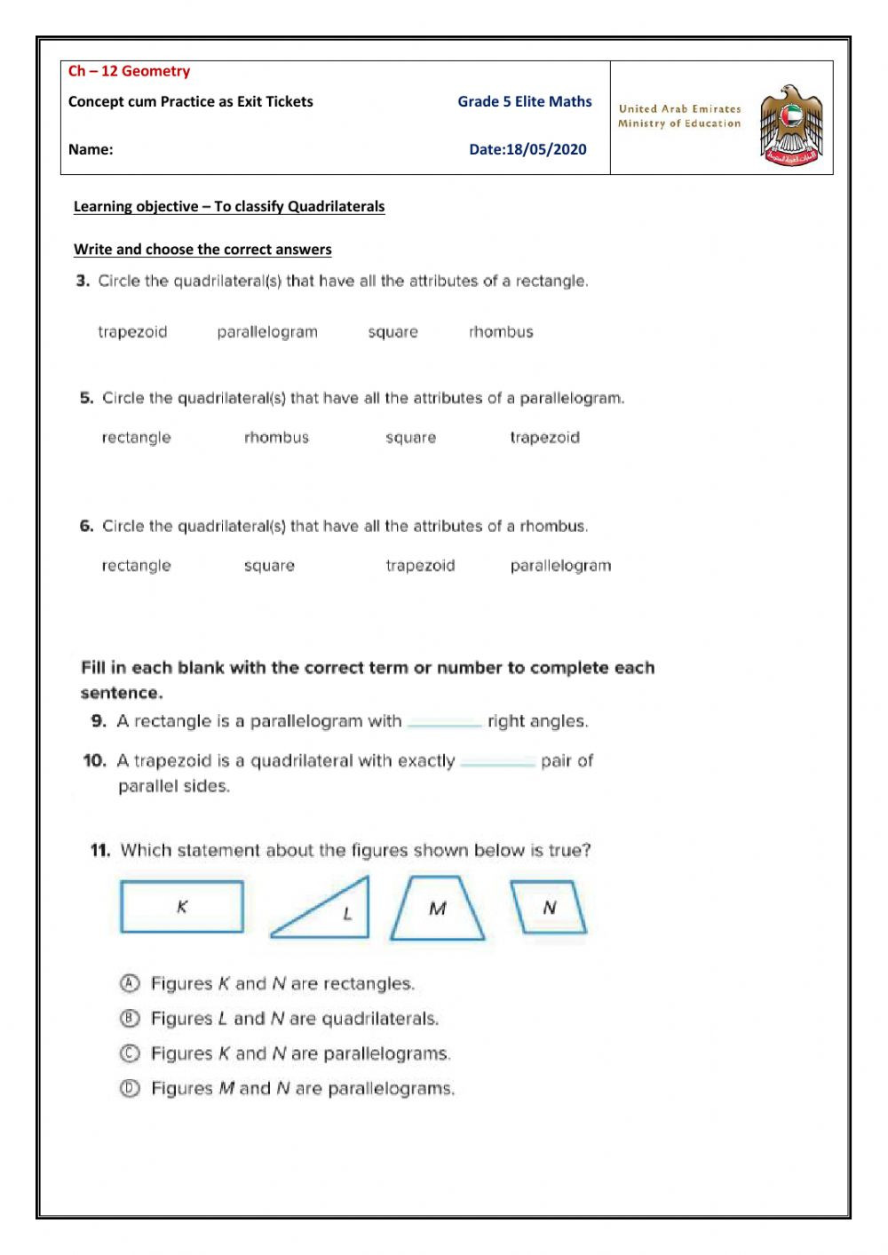Area Of Rhombus Worksheet Classifying Quadrilaterals Interactive Worksheet