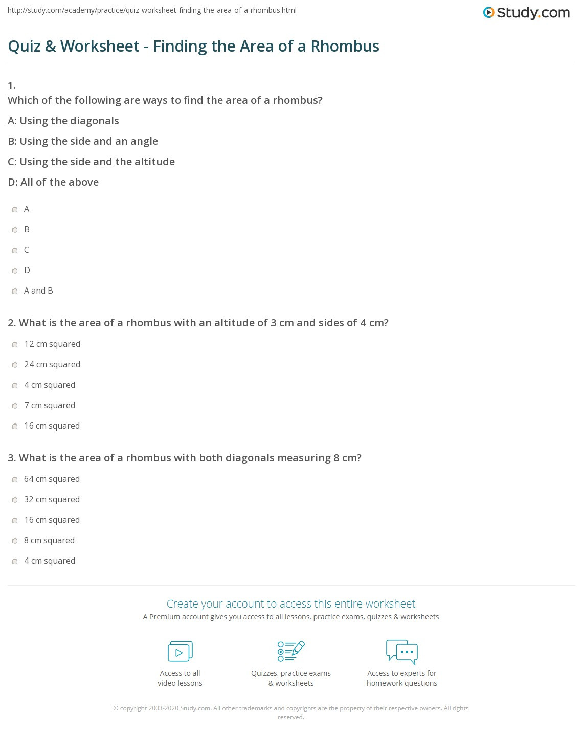 quiz worksheet finding the area of a rhombus