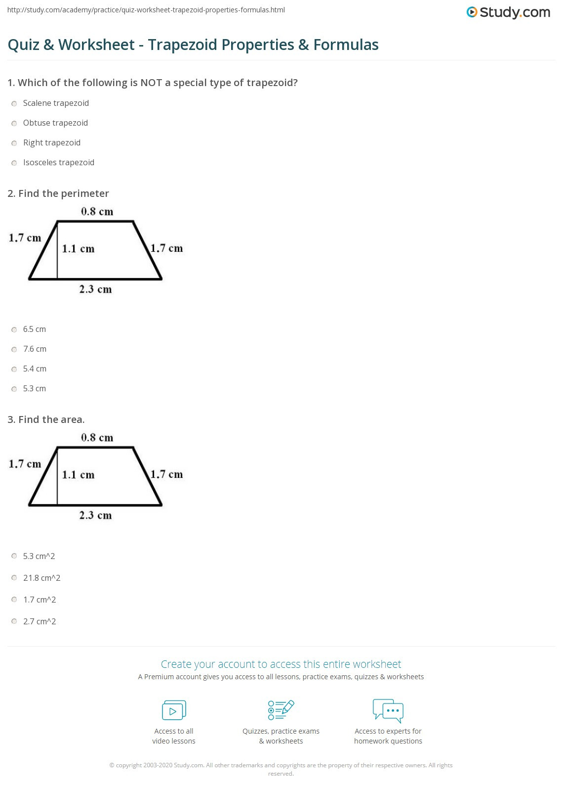 Area Of Trapezoid Worksheet Quiz &amp; Worksheet Trapezoid Properties &amp; formulas