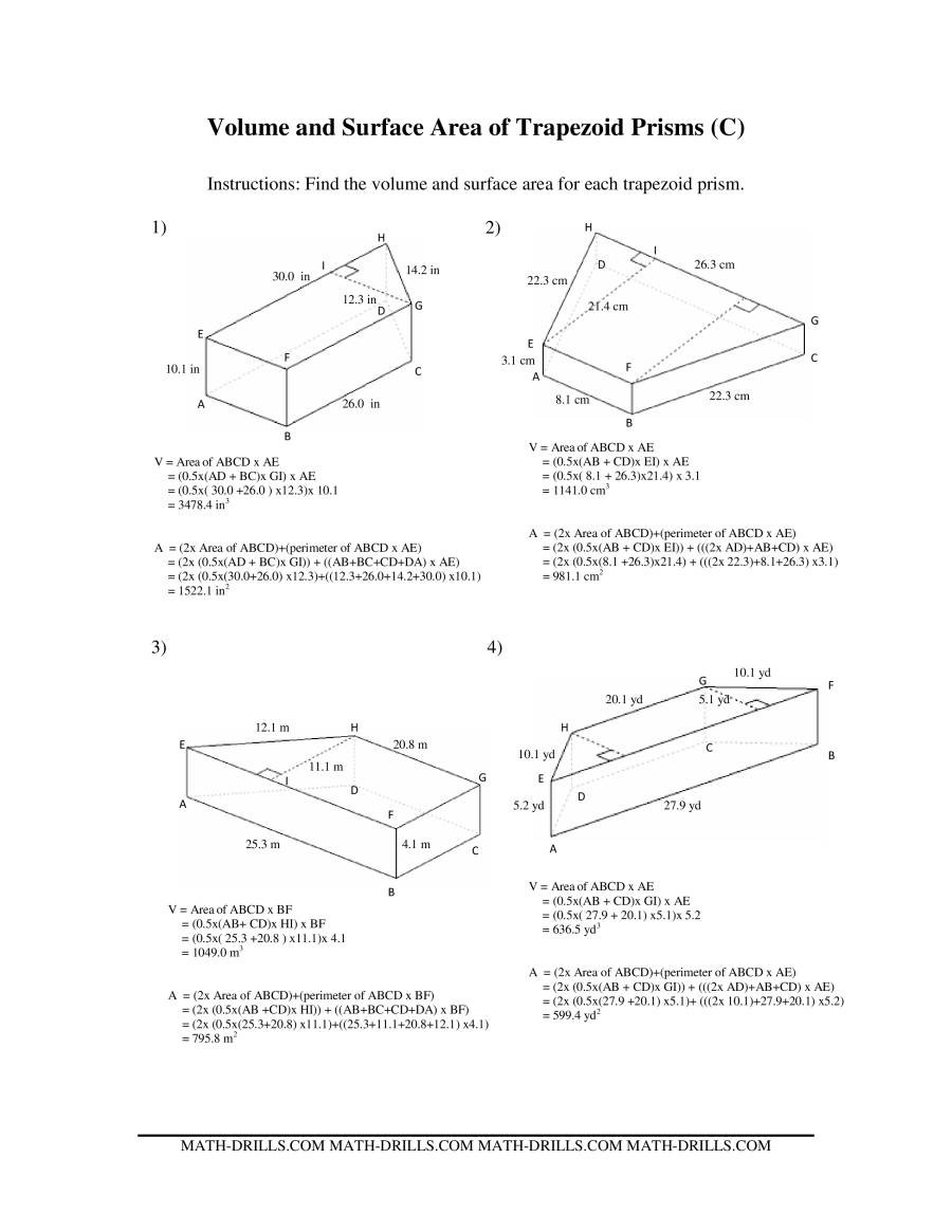 Area Of Trapezoid Worksheet Volume and Surface area Of Trapezoid Prisms