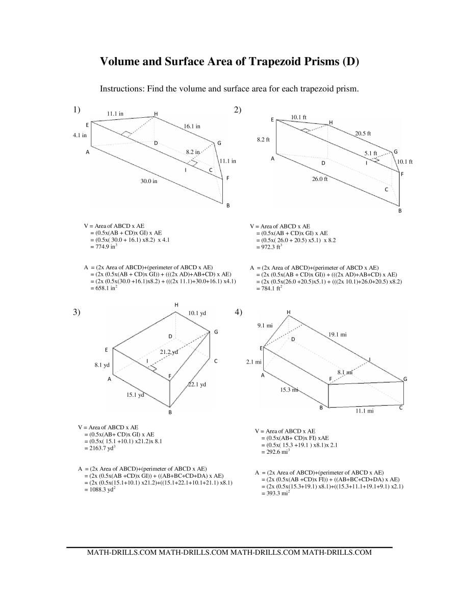 Area Of Trapezoid Worksheet Volume and Surface area Of Trapezoid Prisms