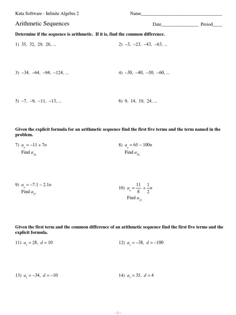 Arithmetic Sequence Worksheet Algebra 1 Arithmetic Sequences Pdf Sequence