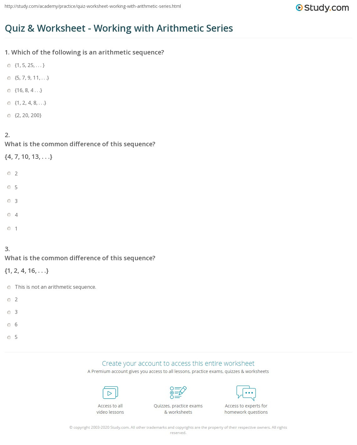 Arithmetic Sequence Worksheet Algebra 1 Quiz &amp; Worksheet Working with Arithmetic Series