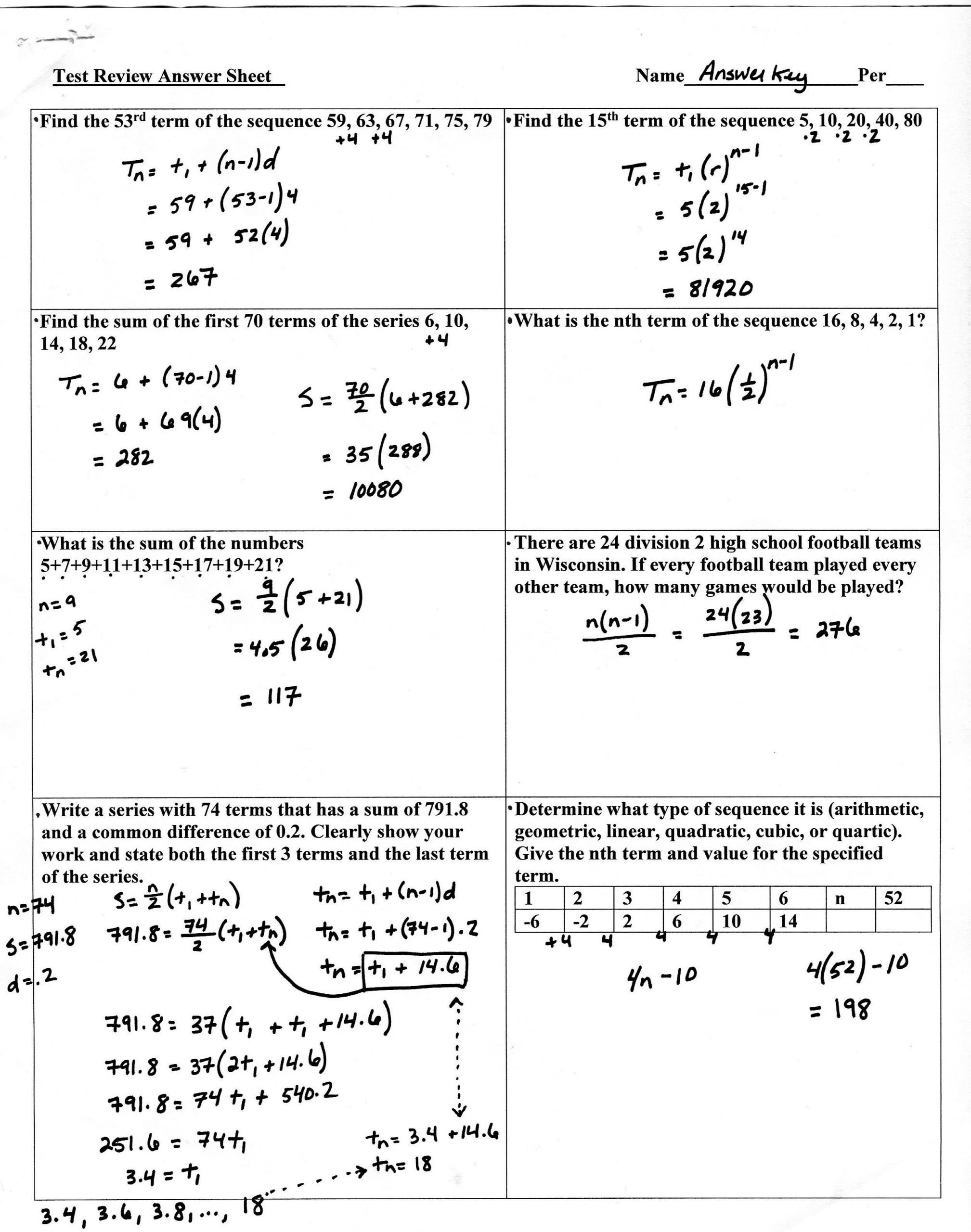 Arithmetic Sequence Worksheet Algebra 1 Sequences and Series Review Page 1 25143191
