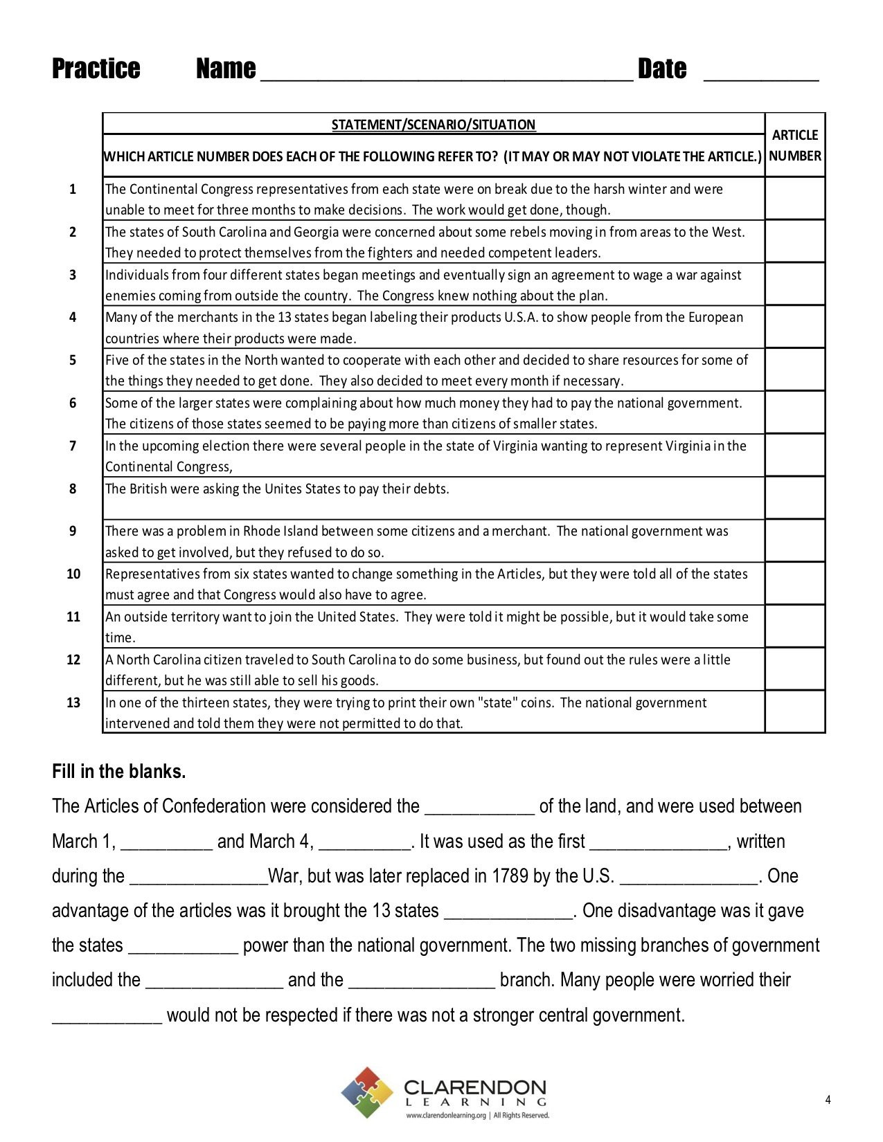 Articles Of Confederation Worksheet Answers Articles Confederation Worksheet Answer Key