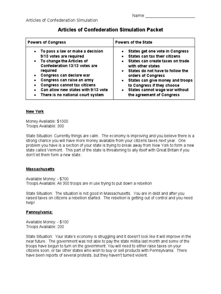 Articles Of Confederation Worksheet Answers Articles Of Confederation Simulation Packet